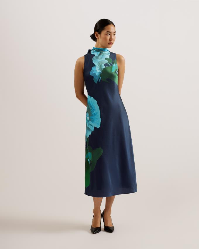 Peignoir Ted Baker High Neck Floral Satin Slip Bleu Marine Femme | KOF-23240562